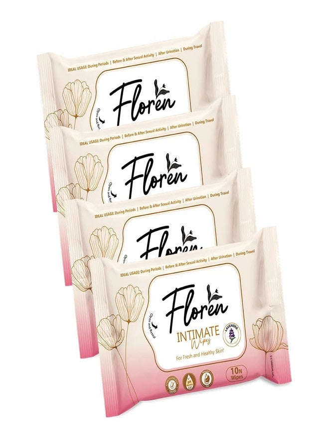 Floren Lavender Intimate Wipes Protects Against Odour, Dryness, Itchiness & Irritation, Balances pH, for Daily Use, Dermatologically Tested (10 Wipes) - Pack of 4 - Image 1